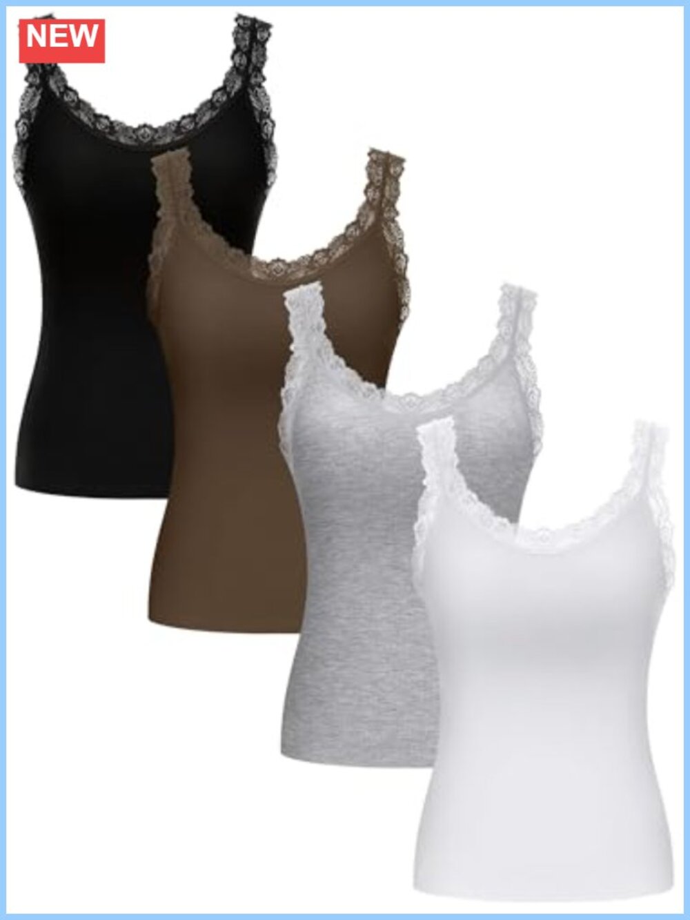 Ribbed Knit Lace Trim Cami Tank Top Set Sleeveless Layering